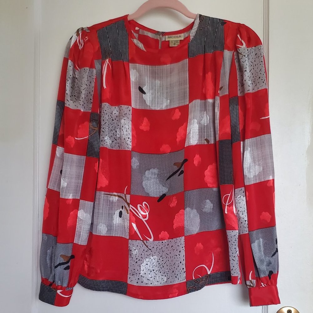 Vintage 80s Abstract Red Long Sleeve Blouse